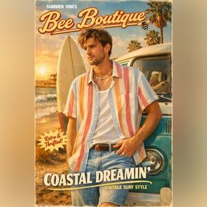 Vintage Style Pastel Stripe Button Up – Retro Beachy Shirt – Size L